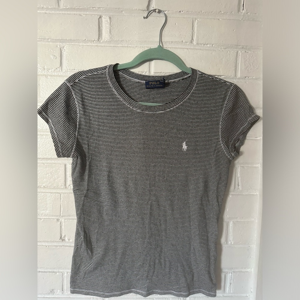 Black and white striped polo fitted shirt. Size medium